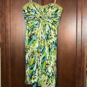 Aidan Mattox Green Gold Silver Metallic Strapless Ruched Dress Size 10